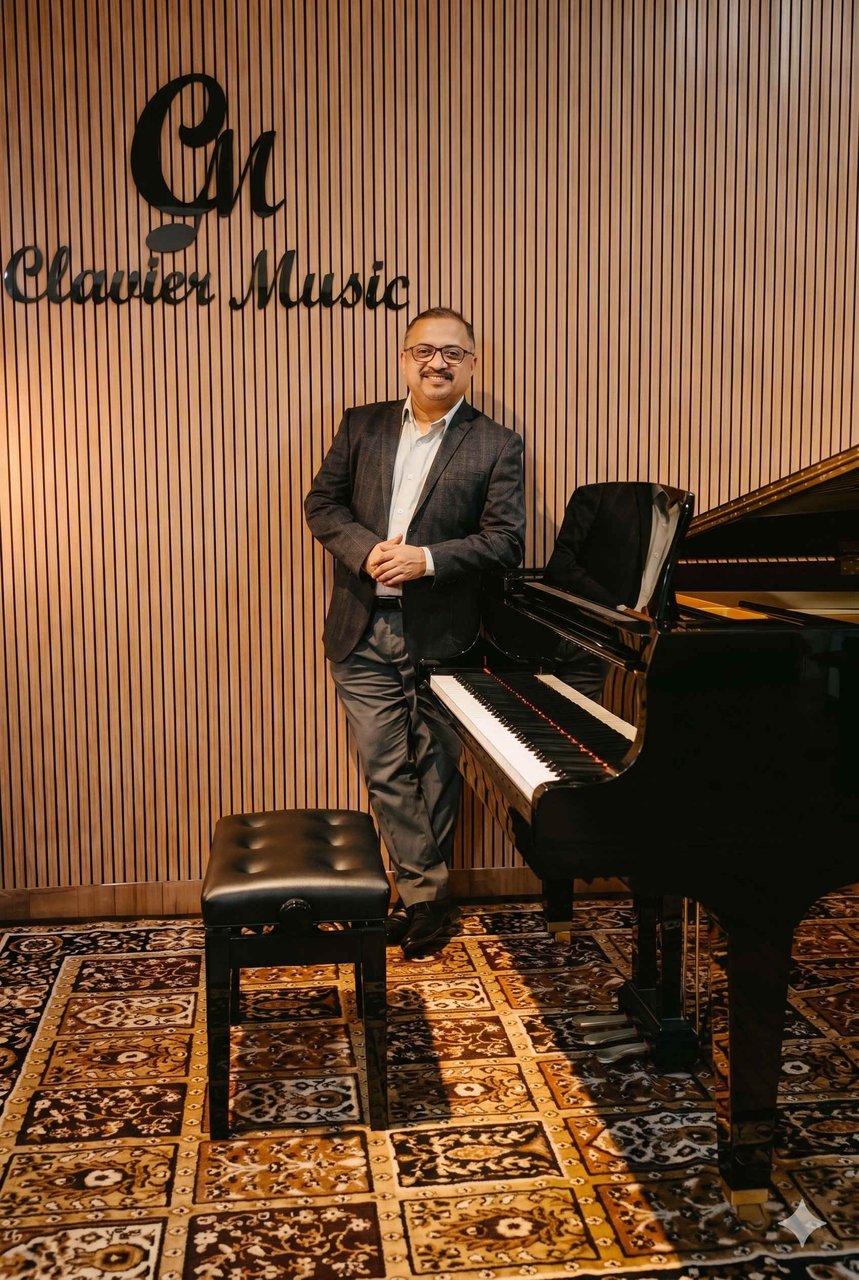 Dr Jacob Joseph at the grand piano, Clavier Music studio